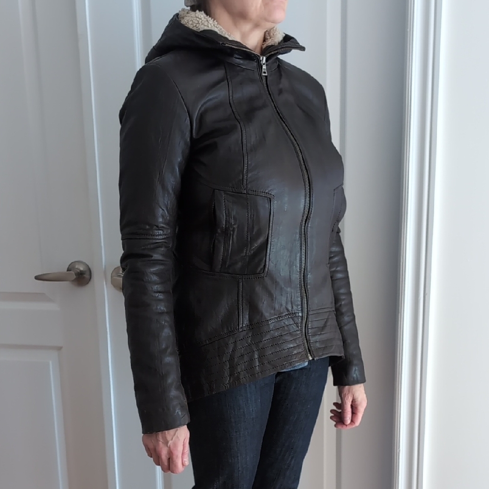 Danier Dark Leather Jacket with Hood